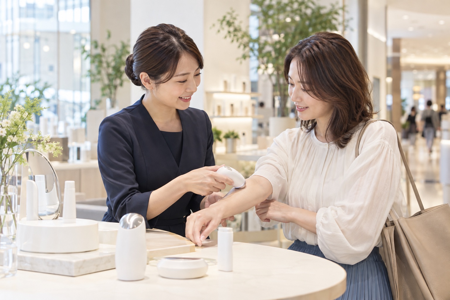 スタッフの案内を受けながら、腕に美容機器を試す体験接客のイメージ
