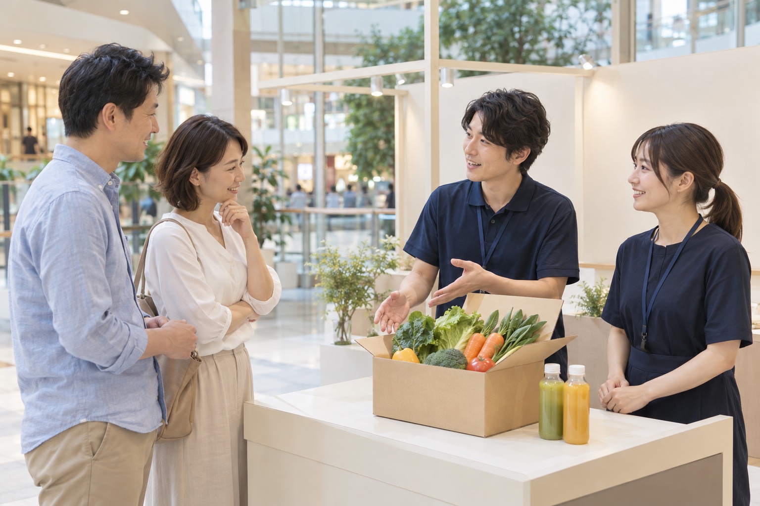明るい商業施設のイベントブースで、来場者とスタッフが対話するイメージ