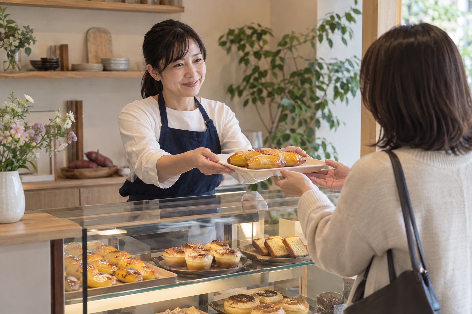 スイーツや食べ物、花とグリーンが並ぶ温かな販売空間のイメージ