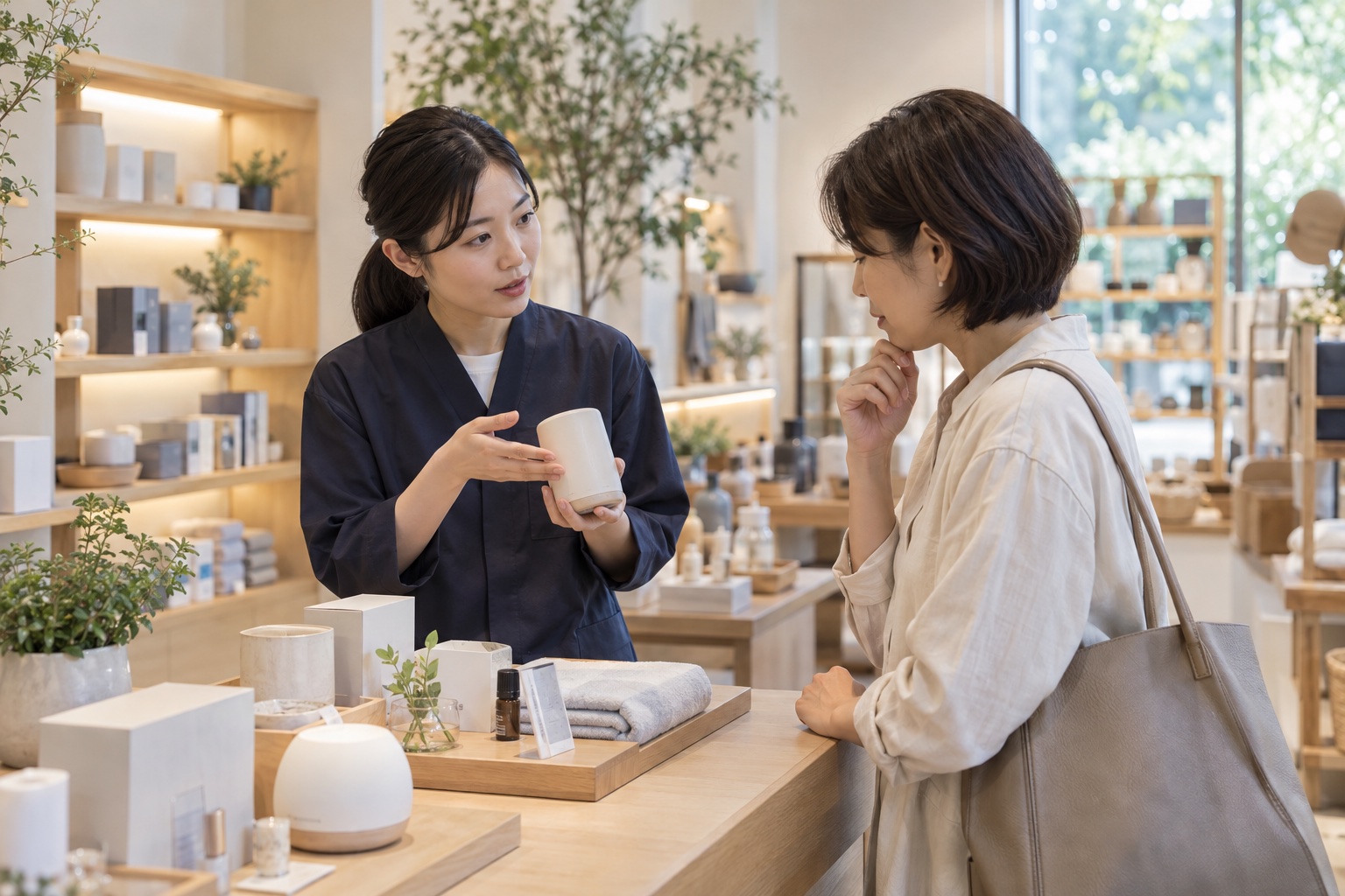 健康・生活関連商品の専門店で、お客様の相談に応じる販売スタッフのイメージ