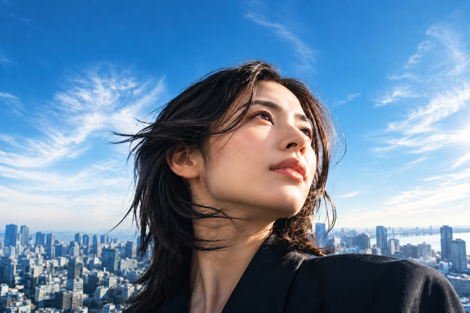 青い空と街を背景に、未来を見つめる女性