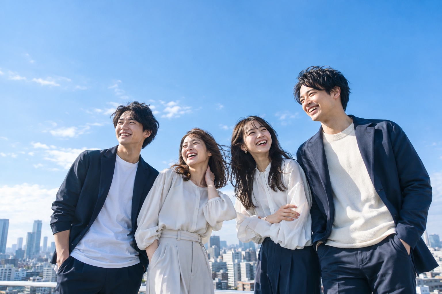 青空の下で笑い合う4人の若者の生成イメージ